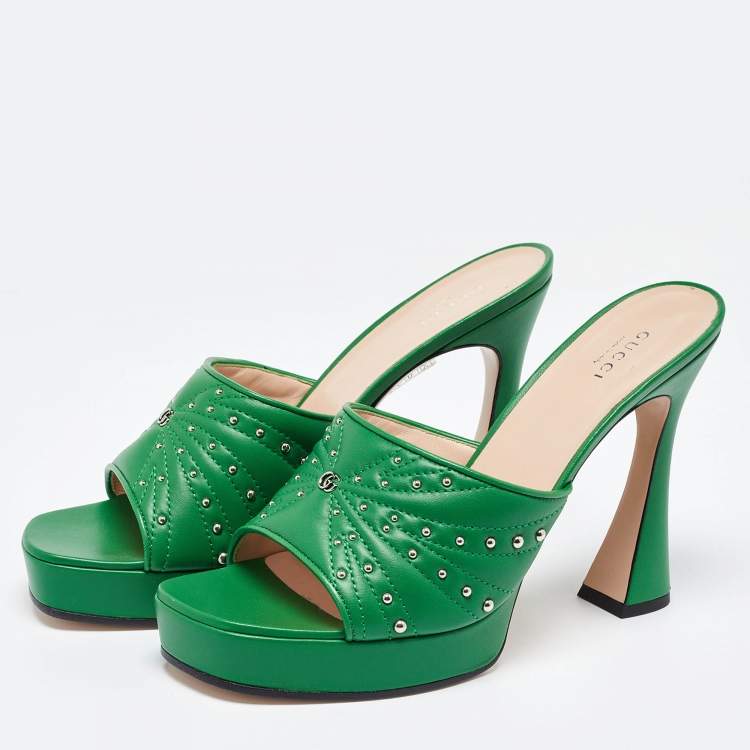 Pre Owned Gucci Green Leather Studded Platform Slide Sandals Size 41