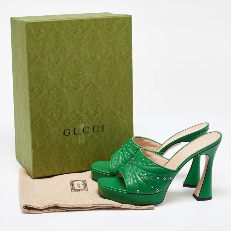 Pre Owned Gucci Green Leather Studded Platform Slide Sandals Size 41