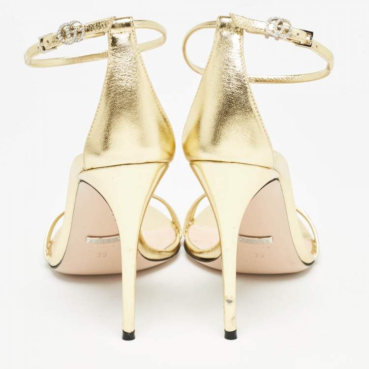 Pre Owned Gucci Metallic Gold Leather Ankle Strap Sandals Size 39