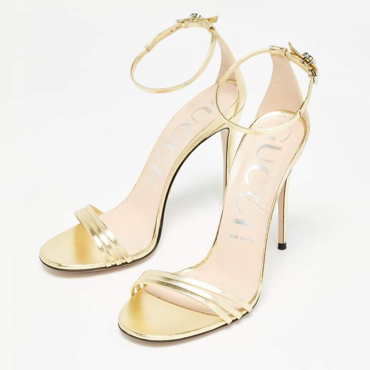 Pre Owned Gucci Metallic Gold Leather Ankle Strap Sandals Size 39