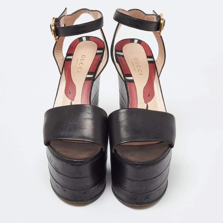 Pre Owned Gucci Black Leather Sally Wedge Platform Ankle Strap Sandals Size 35