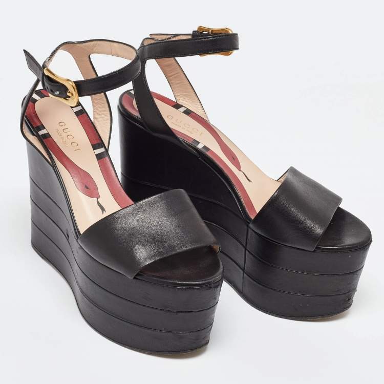 Pre Owned Gucci Black Leather Sally Wedge Platform Ankle Strap Sandals Size 35