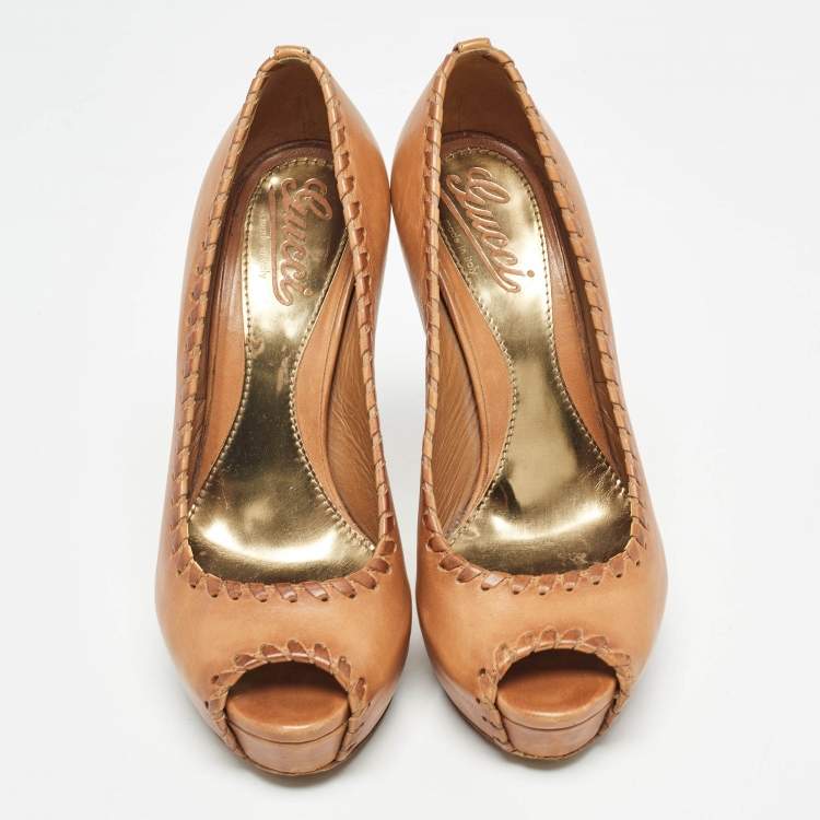 Pre Owned Gucci Brown Leather Whipstitch Detail Platform Pumps Size 36