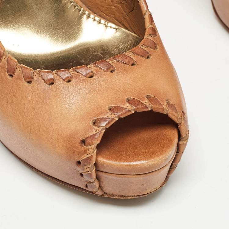 Pre Owned Gucci Brown Leather Whipstitch Detail Platform Pumps Size 36