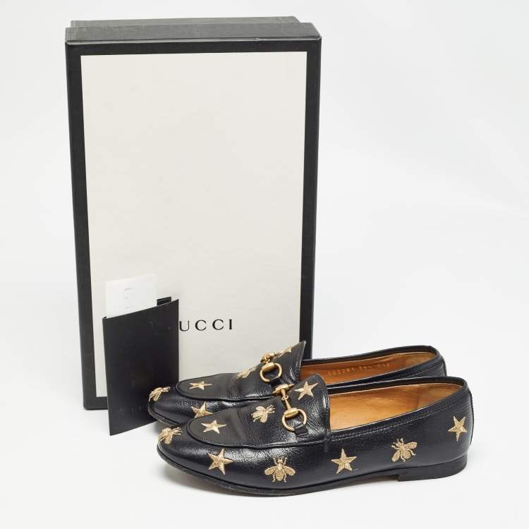 Pre Owned Gucci Black Leather Jordan Bee Embroidered Horsebit Slip On Loafers Size 36.5