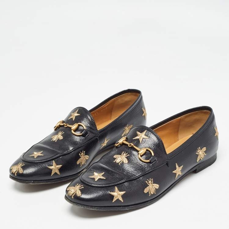 Pre Owned Gucci Black Leather Jordan Bee Embroidered Horsebit Slip On Loafers Size 36.5