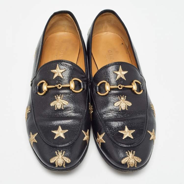 Pre Owned Gucci Black Leather Jordan Bee Embroidered Horsebit Slip On Loafers Size 36.5