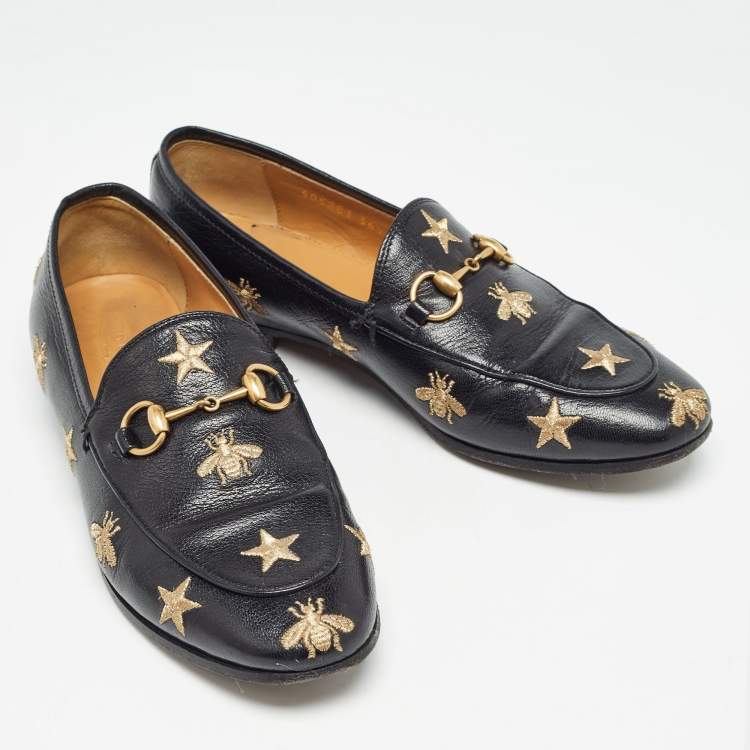 Pre Owned Gucci Black Leather Jordan Bee Embroidered Horsebit Slip On Loafers Size 36.5