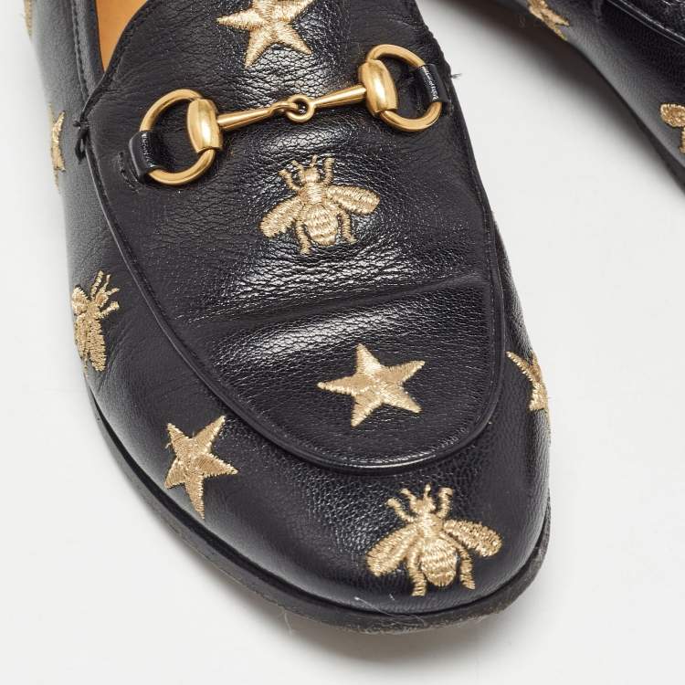 Pre Owned Gucci Black Leather Jordan Bee Embroidered Horsebit Slip On Loafers Size 36.5