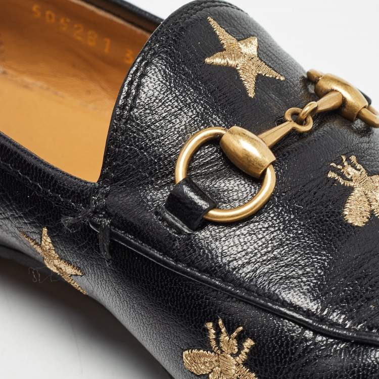 Pre Owned Gucci Black Leather Jordan Bee Embroidered Horsebit Slip On Loafers Size 36.5