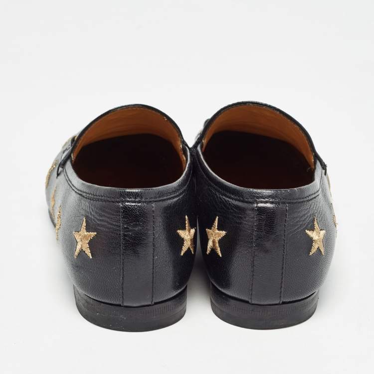 Pre Owned Gucci Black Leather Jordan Bee Embroidered Horsebit Slip On Loafers Size 36.5