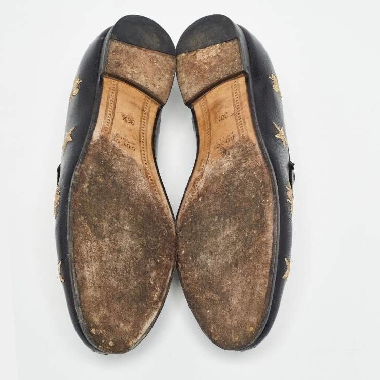 Pre Owned Gucci Black Leather Jordan Bee Embroidered Horsebit Slip On Loafers Size 36.5