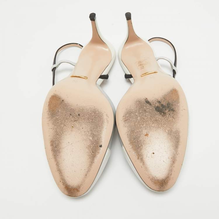 Pre Owned Gucci Silver/White Leather Slingback Pumps Size 38