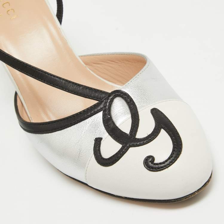 Pre Owned Gucci Silver/White Leather Slingback Pumps Size 38