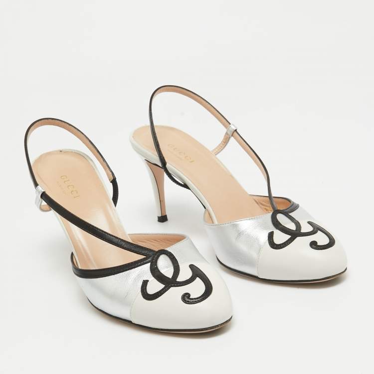 Pre Owned Gucci Silver/White Leather Slingback Pumps Size 38