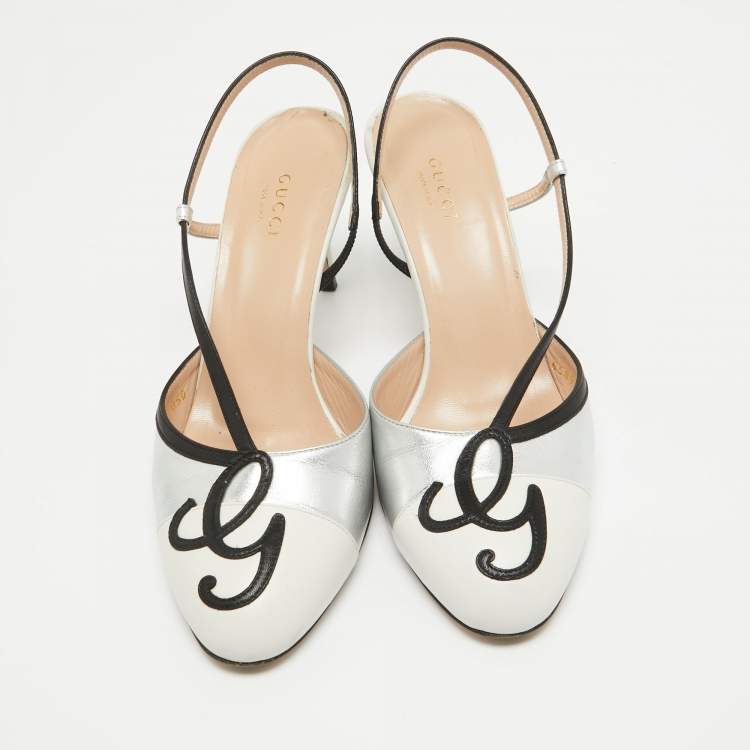 Pre Owned Gucci Silver/White Leather Slingback Pumps Size 38