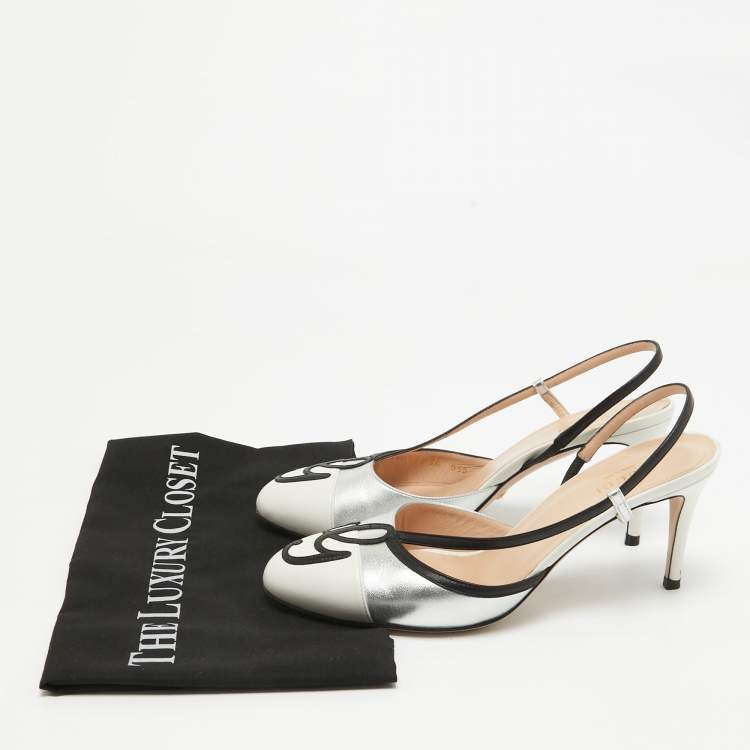 Pre Owned Gucci Silver/White Leather Slingback Pumps Size 38