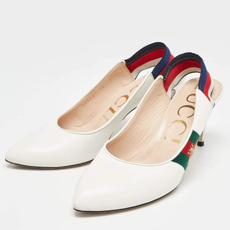 Pre Owned Gucci White Leather Sylvie Slingback Pumps Size 38