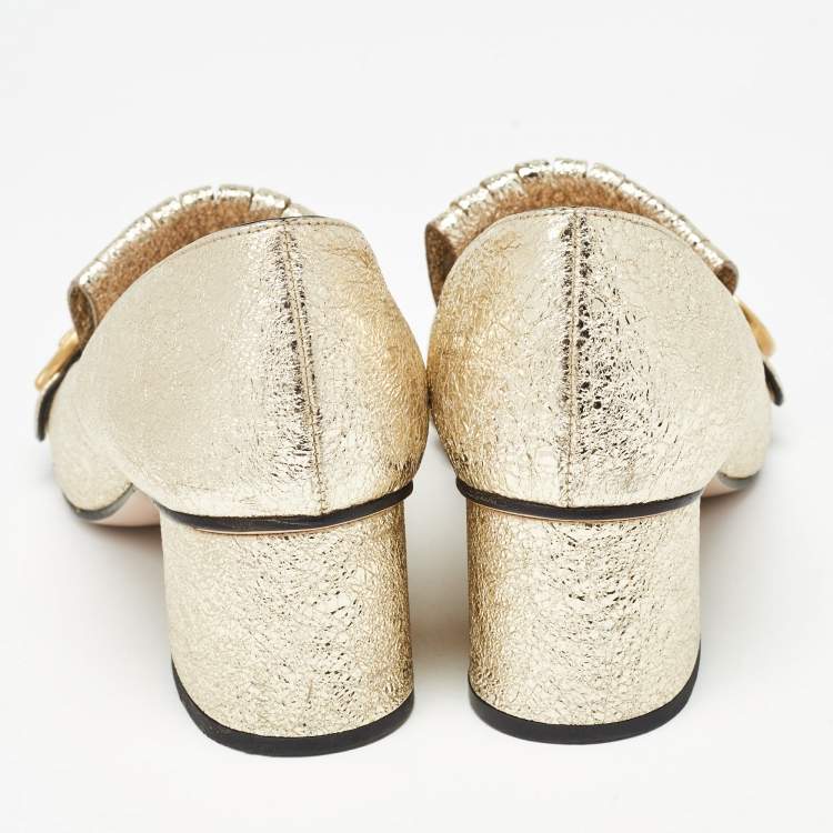 مملوكة مسبقًا Gucci Gold Texture Leather GG Marmont Pumps Size 38