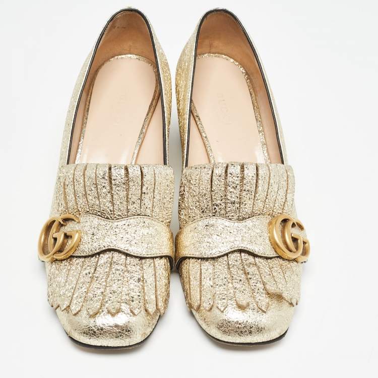 مملوكة مسبقًا Gucci Gold Texture Leather GG Marmont Pumps Size 38