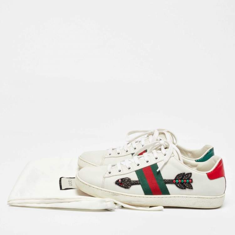 Pre Owned Gucci White Leather Embellished Arrow Ace Sneakers Size 37.5