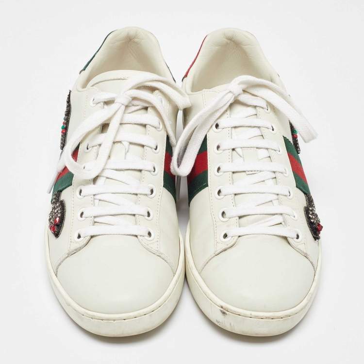 Pre Owned Gucci White Leather Embellished Arrow Ace Sneakers Size 37.5