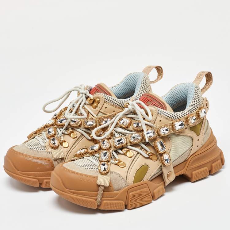 مملوكة مسبقًا Gucci Beige Leather,Suede and Mesh Flashtrek Chunky Sneakers Size 39