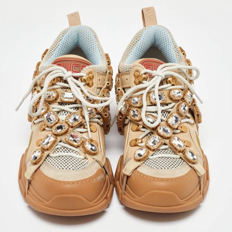 مملوكة مسبقًا Gucci Beige Leather,Suede and Mesh Flashtrek Chunky Sneakers Size 39
