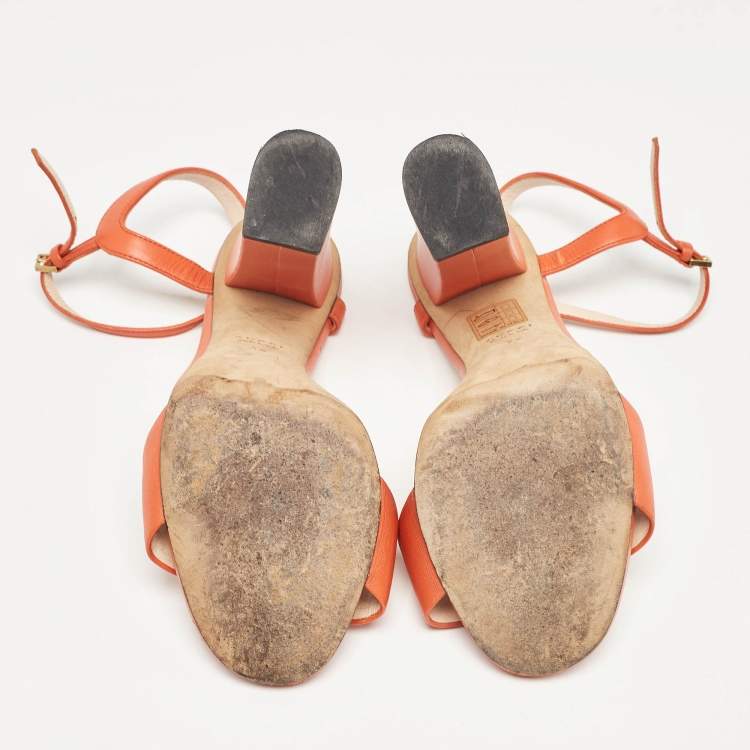 Pre Owned Gucci Orange Leather Claudie Ankle Strap Sandals Size 36