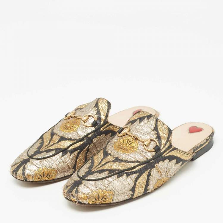 Gucci Black/Gold Brocade Fabric Princetown Flat Mules Size