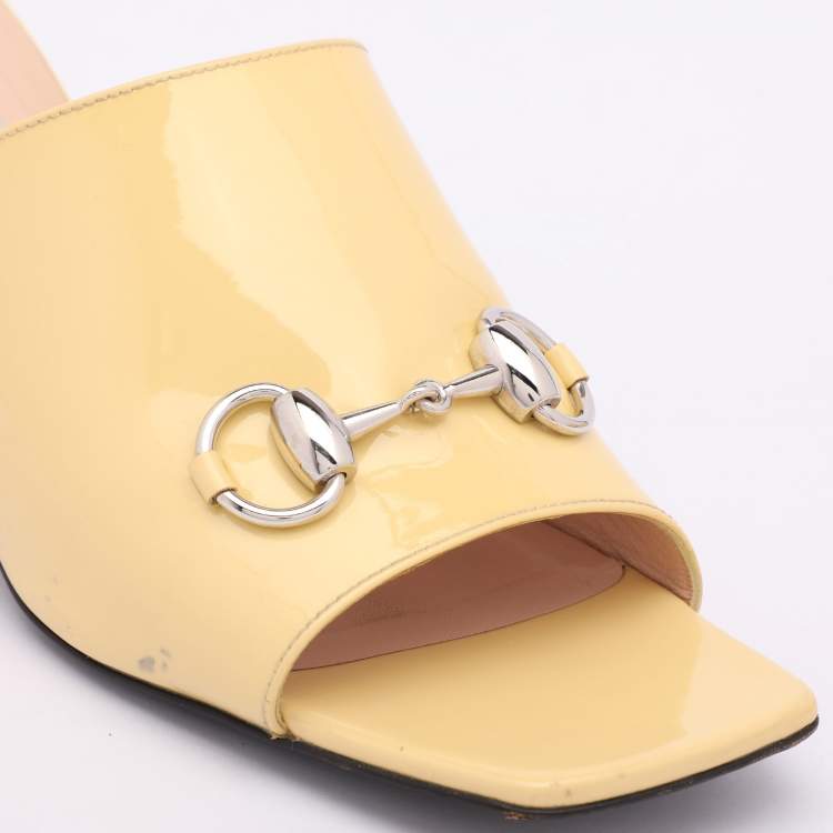 Pre Owned Gucci Yellow Patent Leather Lexi Horsebit Slide Sandals Size 39