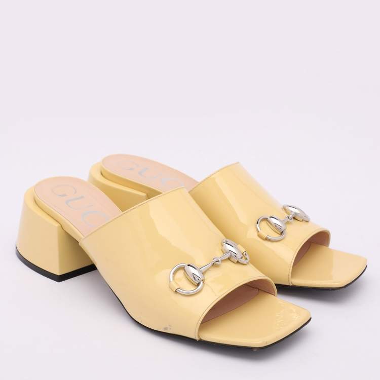 Pre Owned Gucci Yellow Patent Leather Lexi Horsebit Slide Sandals Size 39