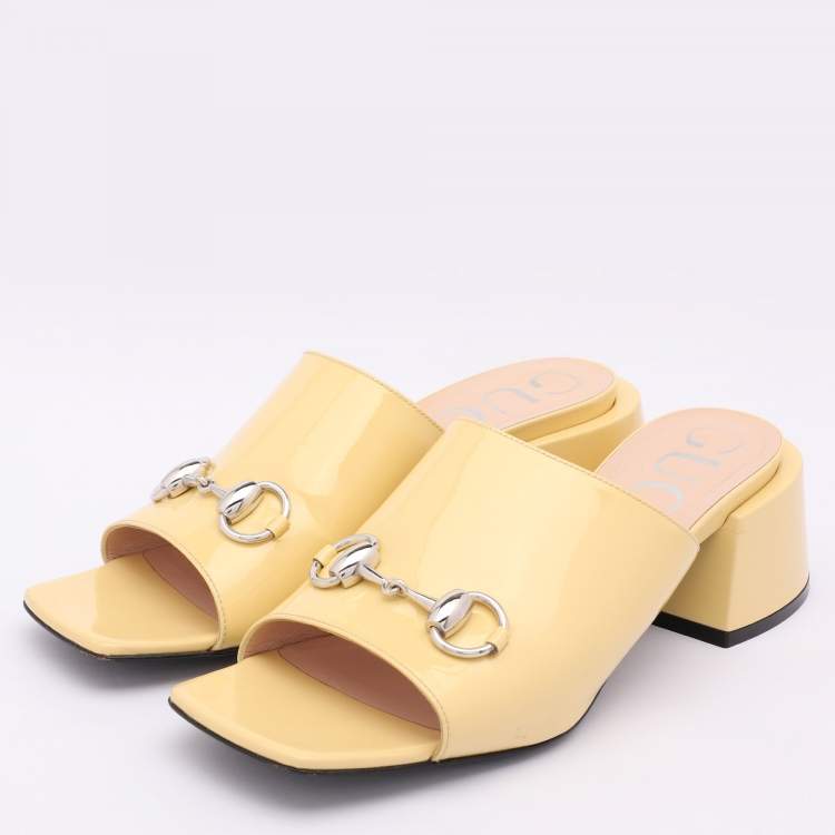 Pre Owned Gucci Yellow Patent Leather Lexi Horsebit Slide Sandals Size 39