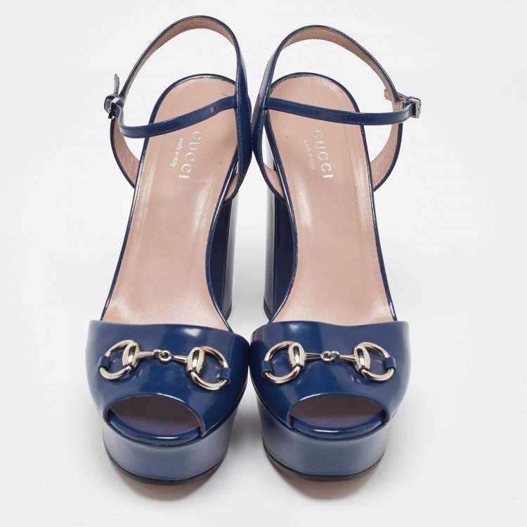 Pre Owned Gucci Blue Patent Leather Claudie Ankle Strap Sandals Size 37.5