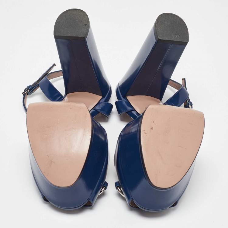 Pre Owned Gucci Blue Patent Leather Claudie Ankle Strap Sandals Size 37.5