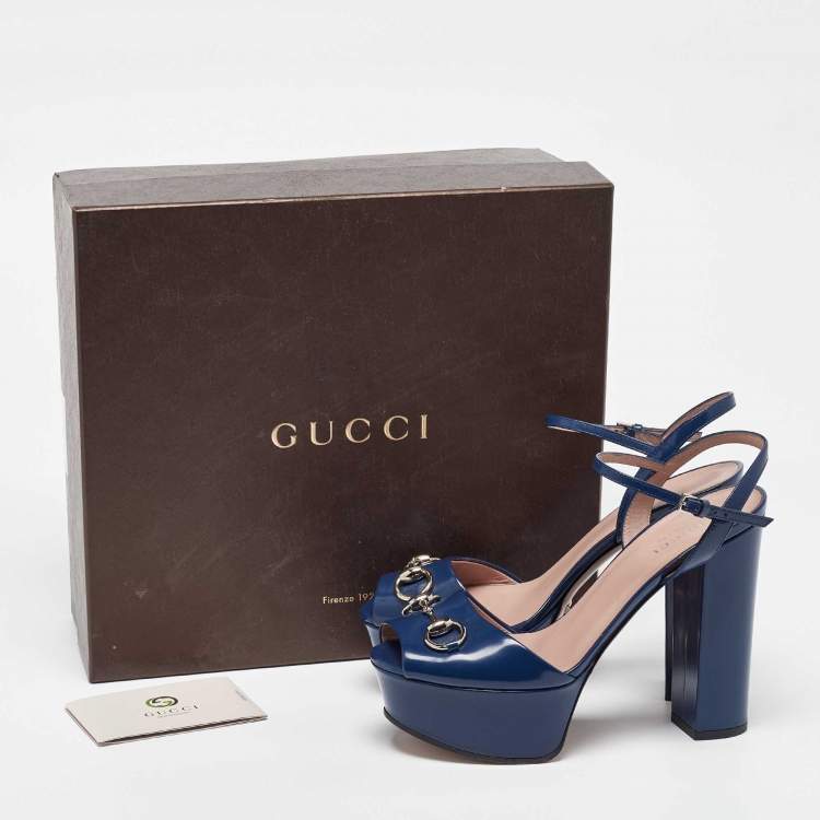 Pre Owned Gucci Blue Patent Leather Claudie Ankle Strap Sandals Size 37.5