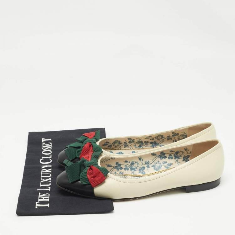 Pre Owned Gucci Off White/Black Leather Web Bow Ballet Flats Size 41