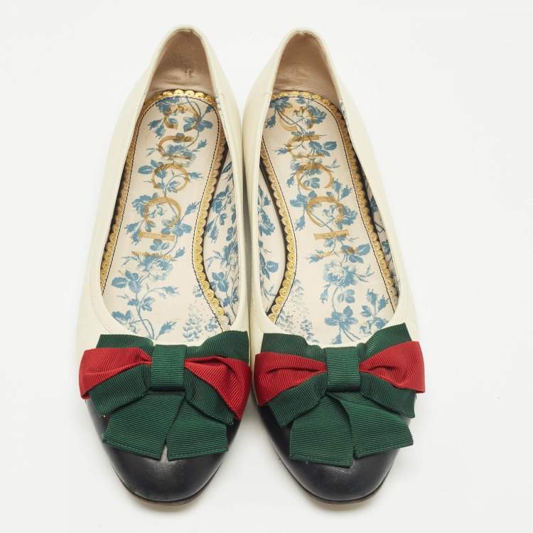 Pre Owned Gucci Off White/Black Leather Web Bow Ballet Flats Size 41