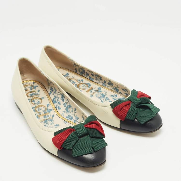 Pre Owned Gucci Off White/Black Leather Web Bow Ballet Flats Size 41