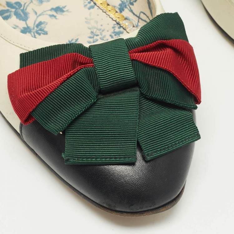 Pre Owned Gucci Off White/Black Leather Web Bow Ballet Flats Size 41