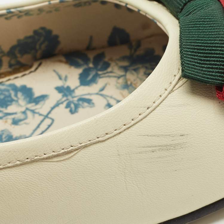 Pre Owned Gucci Off White/Black Leather Web Bow Ballet Flats Size 41