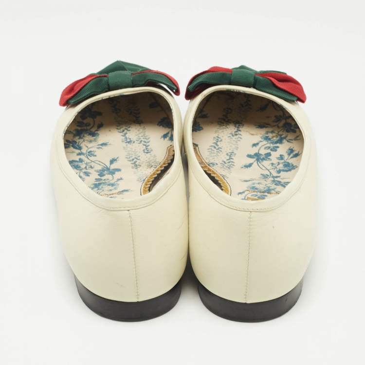 Pre Owned Gucci Off White/Black Leather Web Bow Ballet Flats Size 41