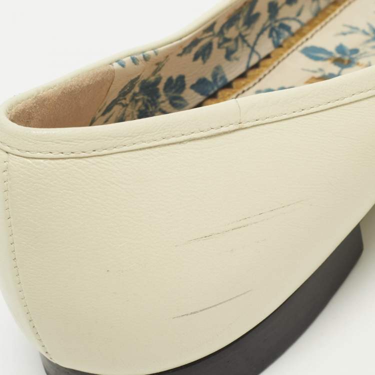 Pre Owned Gucci Off White/Black Leather Web Bow Ballet Flats Size 41