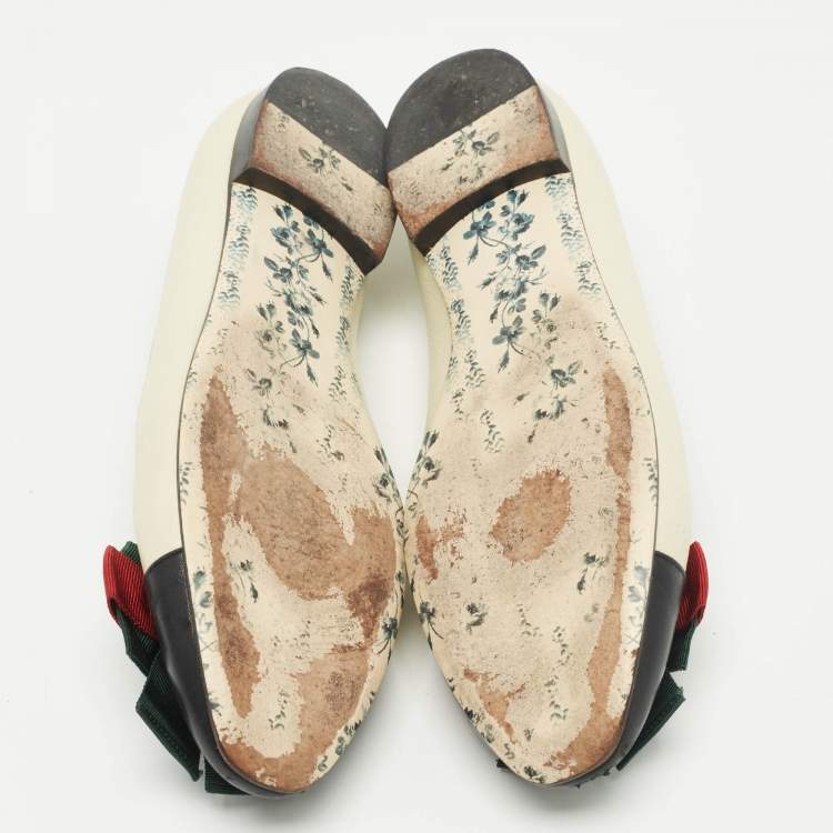 Pre Owned Gucci Off White/Black Leather Web Bow Ballet Flats Size 41