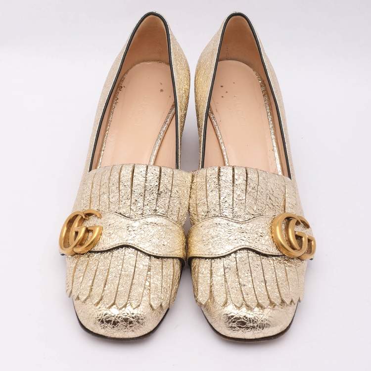 Pre Owned Gucci Gold Crinkled Leather GG Marmont Block Heel Pumps Size 36.5
