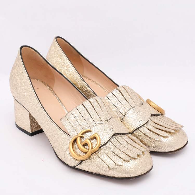 Pre Owned Gucci Gold Crinkled Leather GG Marmont Block Heel Pumps Size 36.5