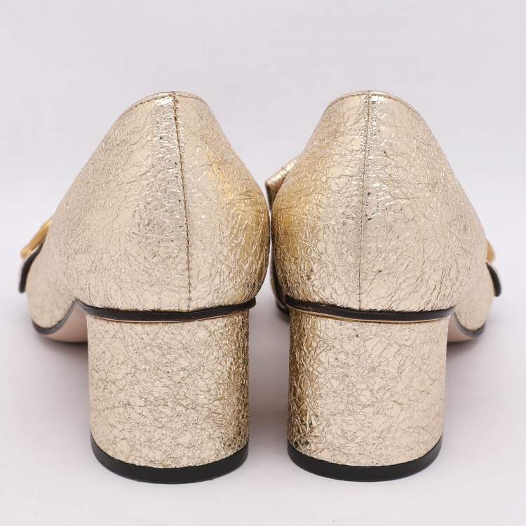 Pre Owned Gucci Gold Crinkled Leather GG Marmont Block Heel Pumps Size 36.5