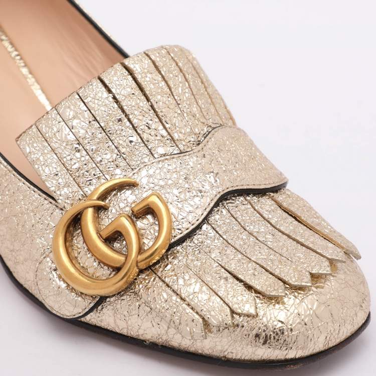 Pre Owned Gucci Gold Crinkled Leather GG Marmont Block Heel Pumps Size 36.5