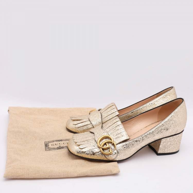 Pre Owned Gucci Gold Crinkled Leather GG Marmont Block Heel Pumps Size 36.5