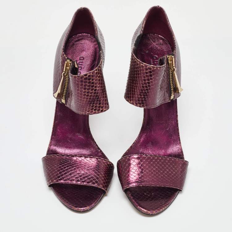 Pre Owned Gucci Purple Python Embossed Leather Open Toe Zip Sandals Size 39